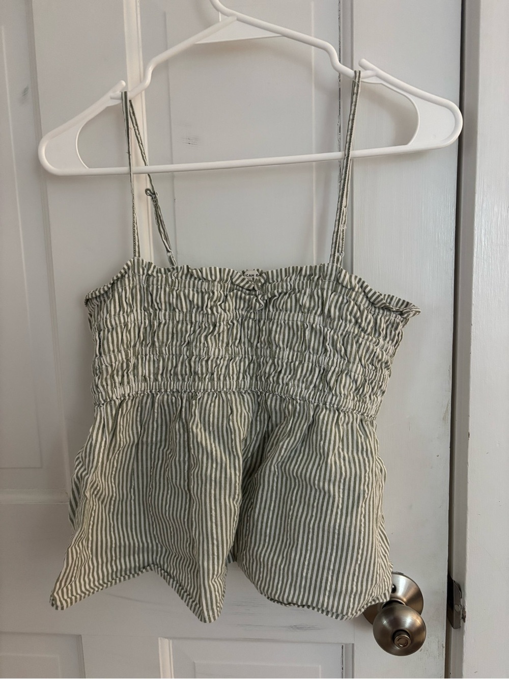 American Eagle Outfitters Green and White Striped Smocked Cami